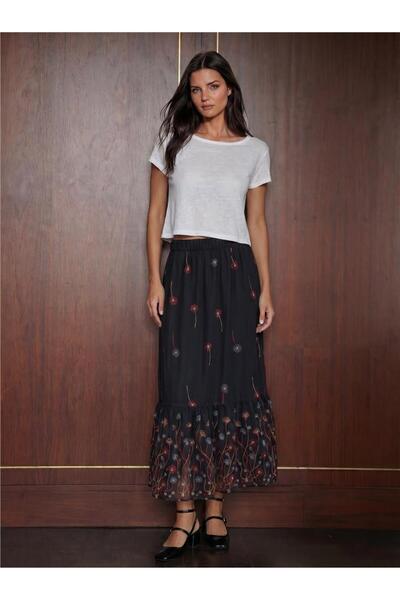 WeShaya D. Black Orange Patterned Chiffon Gathered Waist Long Skirt 8010, 100...