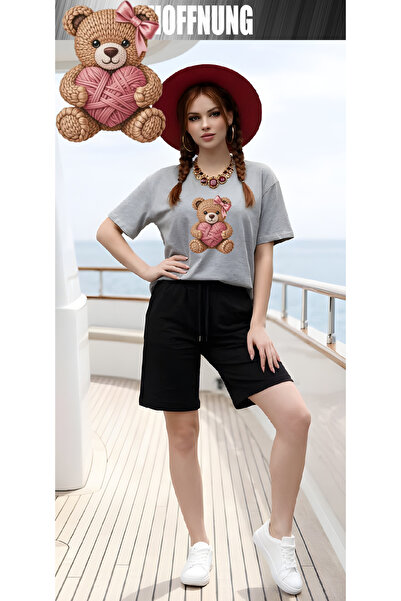 HOFFNUNG Unisex Casual Short Sleeve Set with Love Bear Head Print Outdoor Spr...