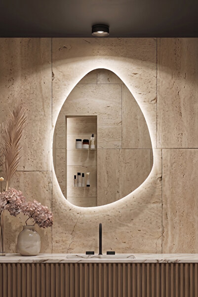 Fawdecor Led Işıklı Asimetrik Üçgen Model Dekoratif Duvar Aynası, Modern Eşsi...
