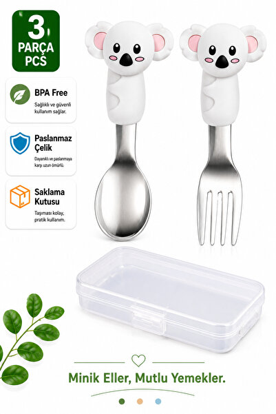 jojobebek Kuala Figürlü Açık Gri Premium Çocuk BPA Free Silikon Saplı Paslanm...
