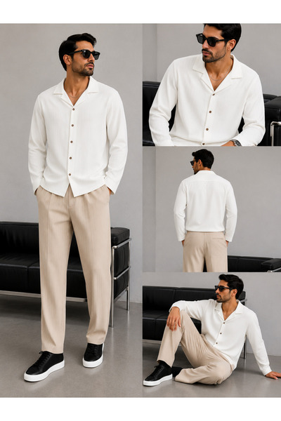 WENMİNG Set de pantaloni și cămașă cu dungi din țesătură Sahra pentru bărbați