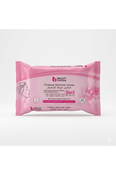 BEAUTY SYSTEM مناديل مزيلة للمكياج بماء الورد وفيتامين E 25 منديل