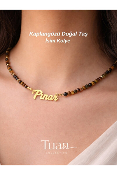 Tuana Trend Özel Tasarım Kaplan Gözü Doğal Taş Çelik İsim Kolye Odaklanma, Ka...