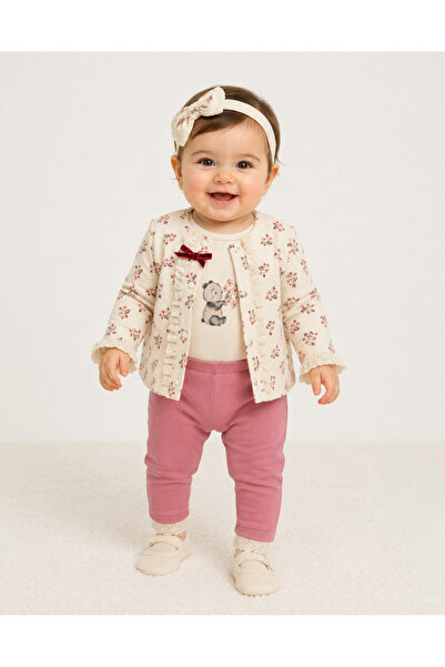 Minimio Kids Baby Girl Floral Patterned Cardigan, Teddy Bear Printed Bodysuit...