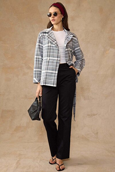 Olcay Plaid Patterned Unlined Short Trench Coat Dark Blue 6848