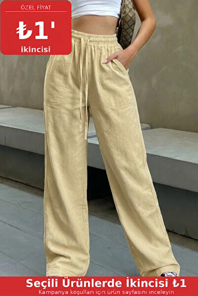 COMBİNE MİCHAİL Women's Elastic Waist Cream Linen Pants