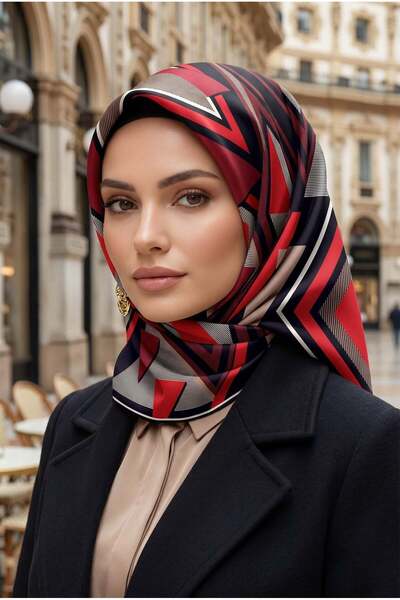 Vissona 100% Twill Silk نمط هندسي بورجوندي - أسود اللون 90x90 وشاح زراعة الشك...