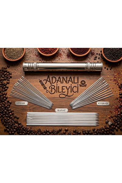 Adanalı bileyici Mangal Şiş Seti 60cm,10 Kanat Şişi,10 Kuşbaşı Şişi,10 Ciğer ...