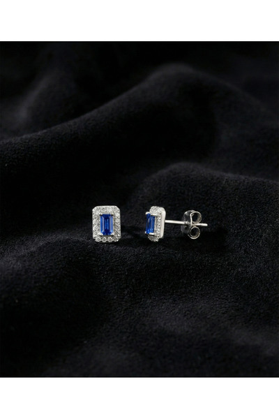 Roza Silver 925 Ayar Rodyum Baget Kesim Safir Taşlı Minimal Günlük Gümüş Küpe