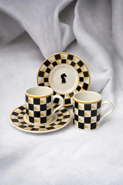 Bereketli Store Set of 2 Checkerboard Patterned Cups |   Tea and Coffee Prese...