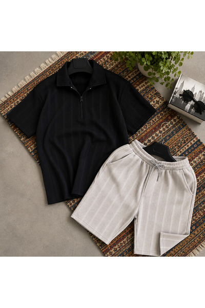 WENMİNG Men's Ottoman Fabric Zipper T-Shirt Shorts Summer Bottom Top Set
