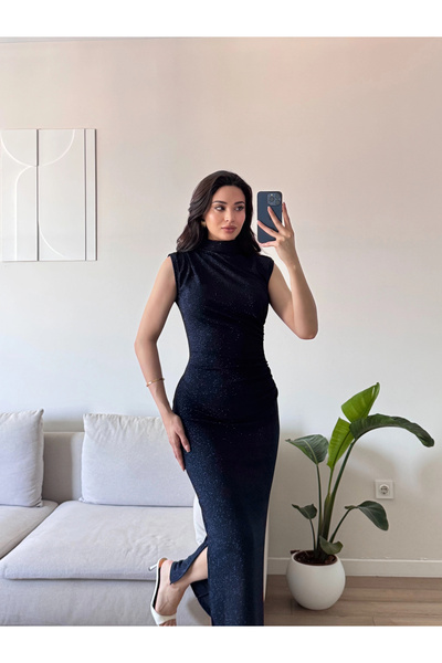 Zoom Butik Dik Yaka Simli Elbise - LACİVERT