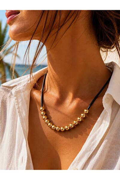 Kutcha Accessories Altın Renkli Top Boncuklu Siyah Kordon Kolye