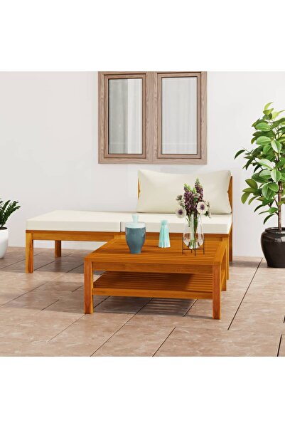 Concept Set mobilier grădină perne alb crem, 3 piese, lemn masiv acacia