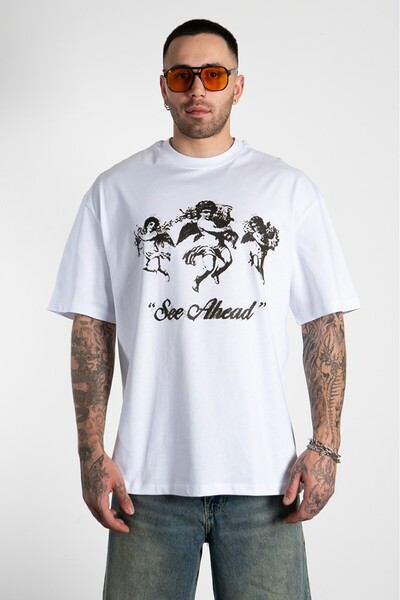 Fadeback Tricou supradimensionat alb pentru bărbați Triple Angels