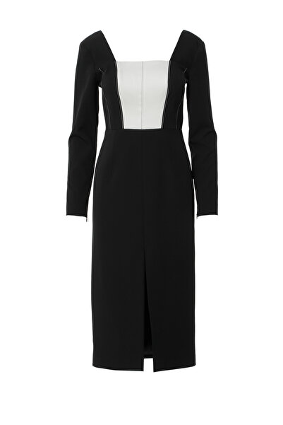 Square Neck Slit Detailed Midi Dress