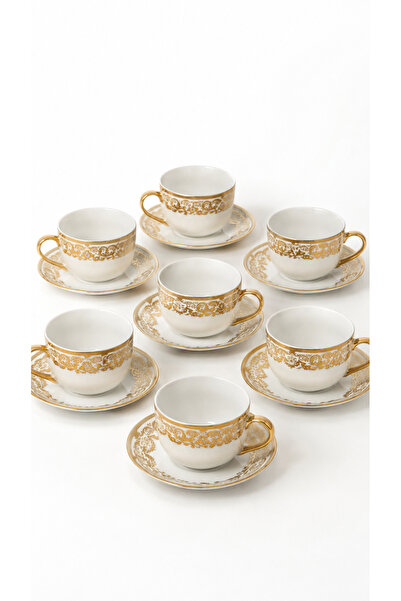 OEM Set cesti cafea ceramica cu farfurioare, 12 piese, alb cu auriu, pentru 6...