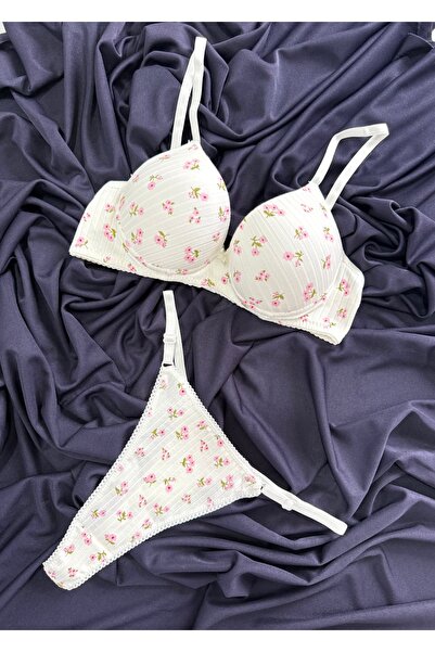 İNKO İÇ GİYİM Floral Patterned Cotton Padded Supportive Underwire Bra & Thong...