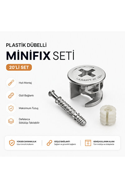 KarapolatYapı Plastik Dübelli Minifix Gövde Ve Mil Seti Mobilya Bağlantı Elem...
