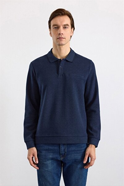 SÜVARİ Lacivert Regular Düz Polo Yaka Sweatshirt