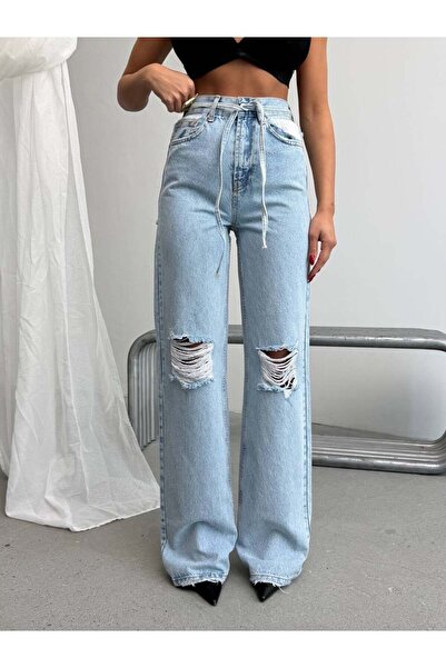 HerTon Women's Light Blue Ripped Detailed Wide Leg Jean Trousers