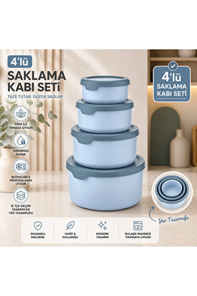 4’lü Yuvarlak Saklama Kabı Seti – Kapaklı, Sızdırmaz, İçi İçe Geçebilir Mutfak Organizer Seti