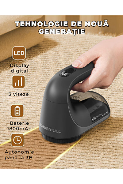SWEETFULL Curățător electric de scame S10, cap lat de 7 cm, motor puternic, aspirare integrată
