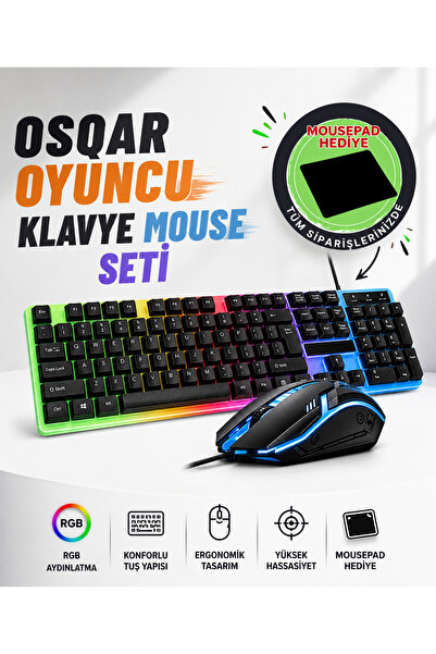 Osqar Oyuncu Klavye Mouse Seti Kablolu Rgb Aydınlatmalı Set Gamer Pc Oyun Set...