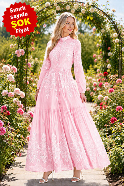 Muslima Wear Perla Rossa Women's Dress with Pearl Buttons and Pink Rose Pattern
