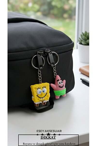 Esey Dizayn Sünger Bob Patrick 3D MİNİ BOY Anahtarlık- Okul Çantası Süsü - Ça...