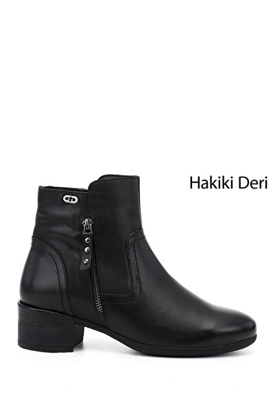 GÖNDERİ(R) Kadın Siyah Fermuarlı Kalın Topuklu Hakiki Deri Bot