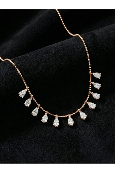 Roza Silver 925 Ayar Zirkon Taşlı Rose Shakira Damla Gümüş Kolye