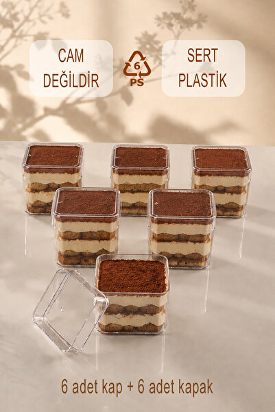 Ezupack 6'lı Kare Tiramisu Cup 280 cc Mika Kase Plastik Şeffaf Kapaklı Sunum ...