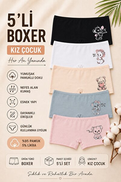 Nicoletta Girl's Boxer Briefs 5 Pack Cotton Lycra Printed