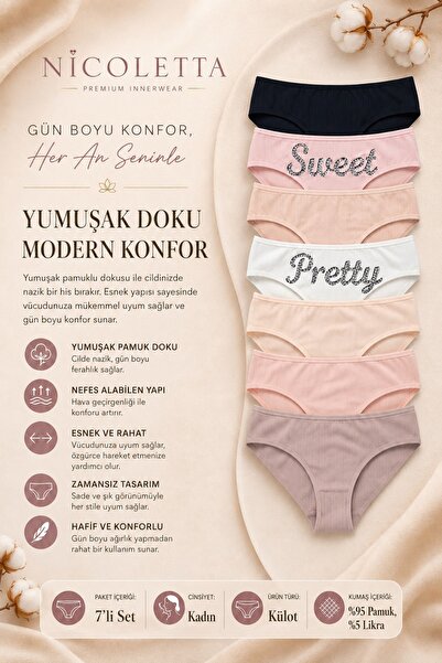 Nicoletta Women's Panties 7-Pack Stretch Fabric Cotton Pcs Ribbed Knit Rib Kn...