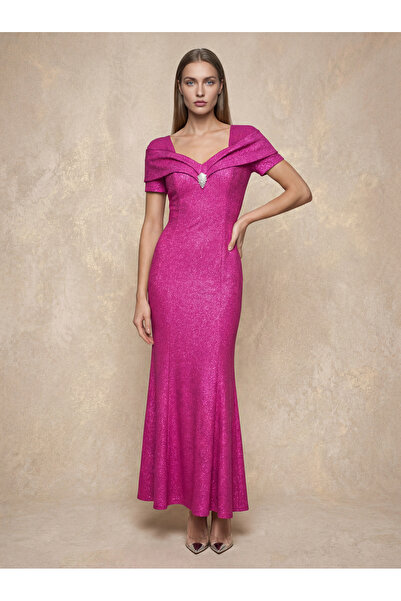 Vessmary Rochie lungă VSM1002A - Crepe fuchsia perlat