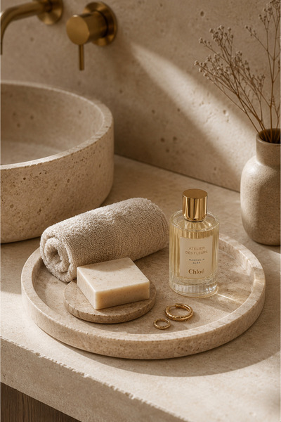 Marbello Travertine Tray Round Decorative Presentation Tray Coffee Presentati...