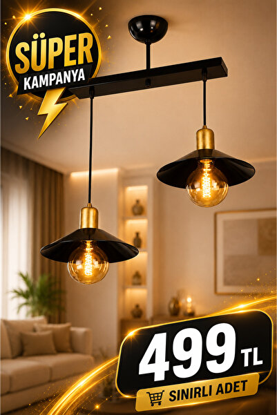 VENON Süper Modernika 2'li Sarkıt Kasa Siyah Sarı Patine Avize Sarkıt Salon O...