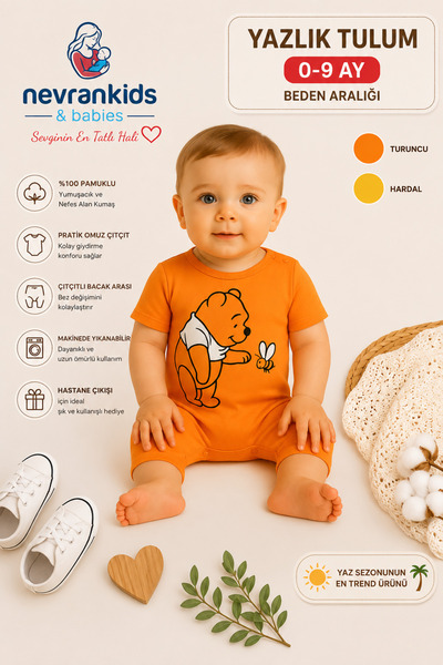 nevrankids Ayı Baskılı Yazlık Tulum 0 - 6 Ay Turuncu