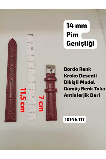 Brality 14 mm Uyumlu Kol Saati Kordonu - BORDO Renk Kroko Desenli , Dikişli T...
