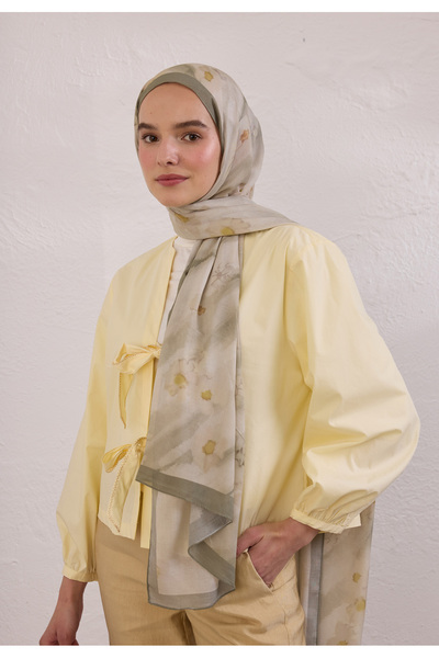 Freshscarfs Soft Daısy Desen Rami Şal Soft Yeşil