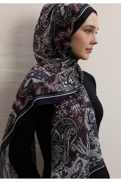 Freshscarfs Dark Bohemy Desen İpek Krep Şal Bordo