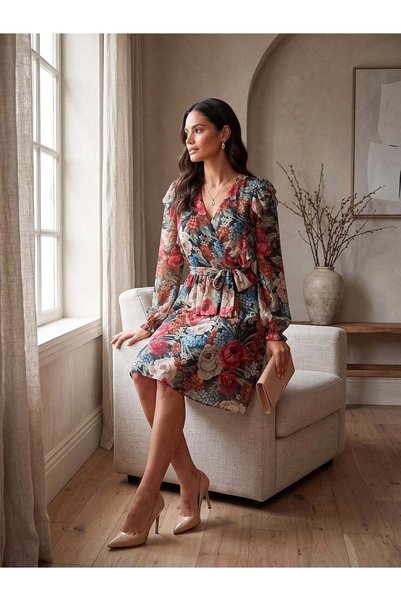 FARREN Women's Red Floral Patterned Short Dress |   Frn Line