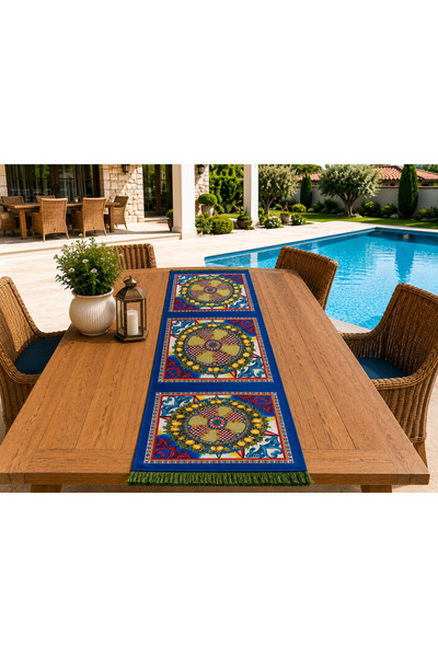 GÜLER HOME Akdeniz Desenli Runner 40x140 cm Püsküllü Dekoratif Masa Örtüsü
