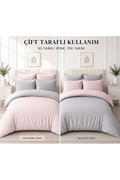 Fabeteks Powder Pink-Grey Yarn Dyed Double Color Single Duvet Cover Set Bed S...