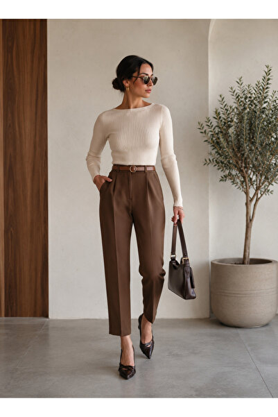 Heyya Γυναικείο Skinny Leg Εποχιακό Ζώνη Υφασμάτινο Παντελόνι Καφέ