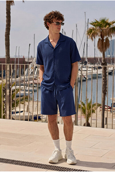 DAMGA JEANS Men's Premium Comfortable Shirt Jogger Linen Shorts Navy Blue Two...