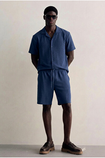 DAMGA JEANS Men's Summer Linen Shirt Elastic Waist Shorts Navy Blue Two-Piece...