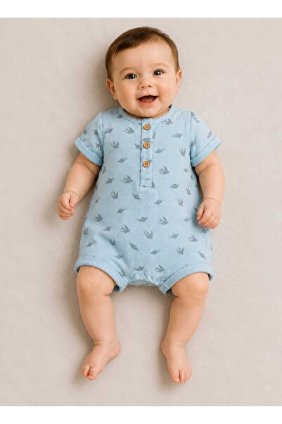 O Baby Erkek Bebek %100 Pamuk Müslin Kısa Kollu Yazlık Tulum Mavi Kuş Desenli...