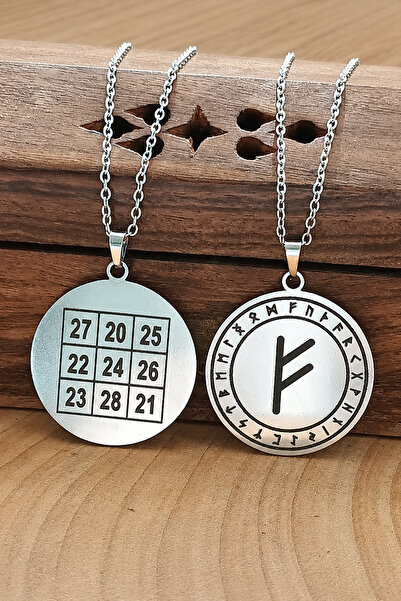 Sihirli Titreşimler Fehu Rune ve Kubera Yantra Paslanmaz Çelik Çift Taraflı K...